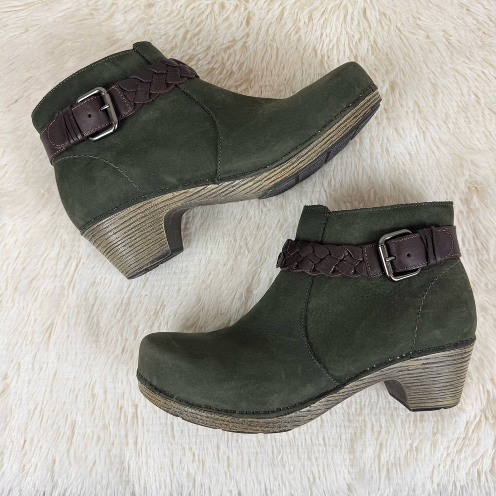 Dansko Michelle Olive Green Leather Ankle Boots 10.5 or 11 Braided Strap 41